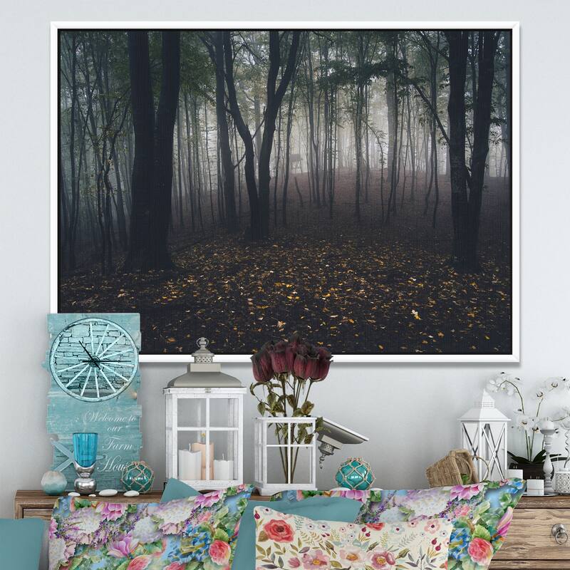 Designart "Dark Spooky Misty Wild Forest" Oversized Forest Framed Canvas Artwork Print
