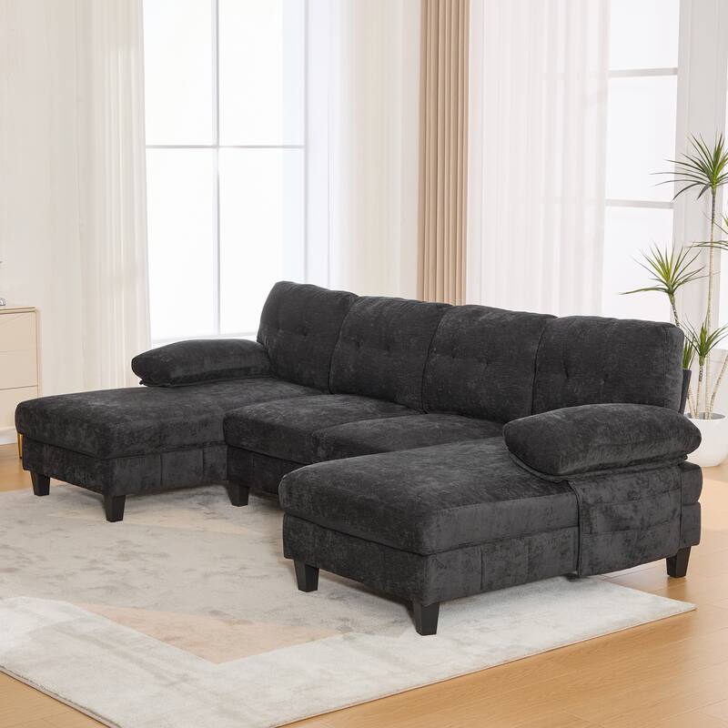 U-shaped Sectional Sofa, Chenille Fabric, Dual Chaise Lounges, Storage Pockets, Armrest Pillows, Black