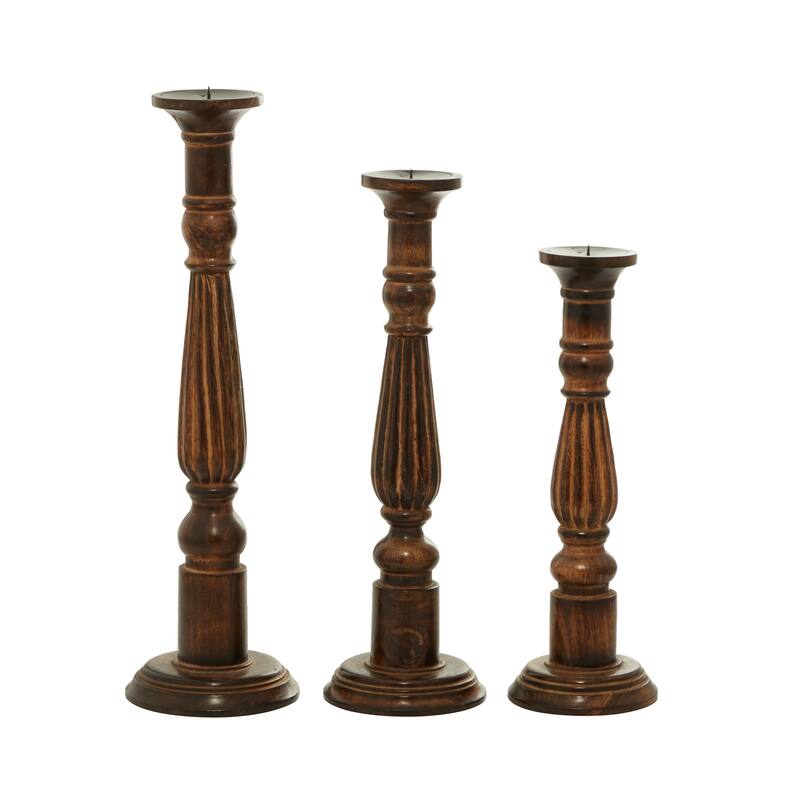 Brown Mango Wood Tall Turned Decorative Candle Holder (Set of 3)