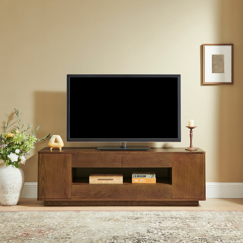 59"Modern TV Stand for TVs up to 65",Entertainment Center with Open Storage & Side Cabinets&Drawers,TV stand with Curved Design