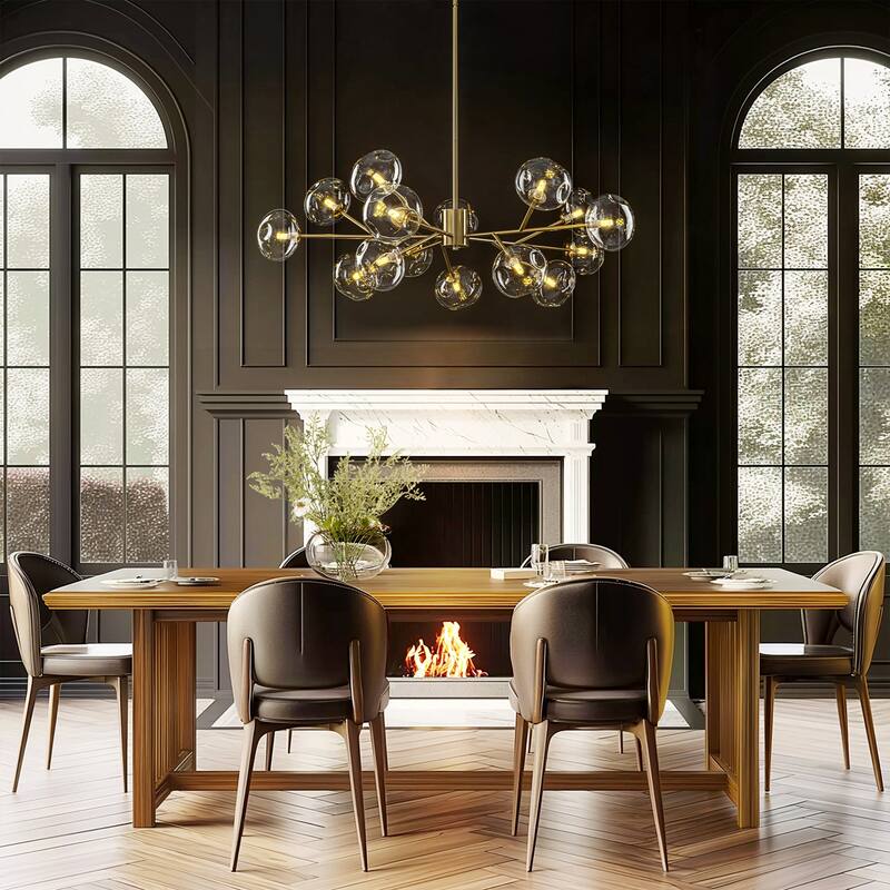 15-Light Concave Glass Globe Chandelier - Modern Brass Molecular Ceiling Light for Living Room - 15 Light