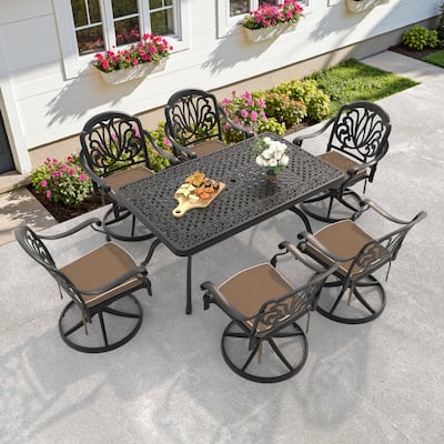 7-Piece Aluminum Rectangular Outdoor Patio Dining Set, 6 Cushioned Swivel Chairs, Table, All-Weather Frames