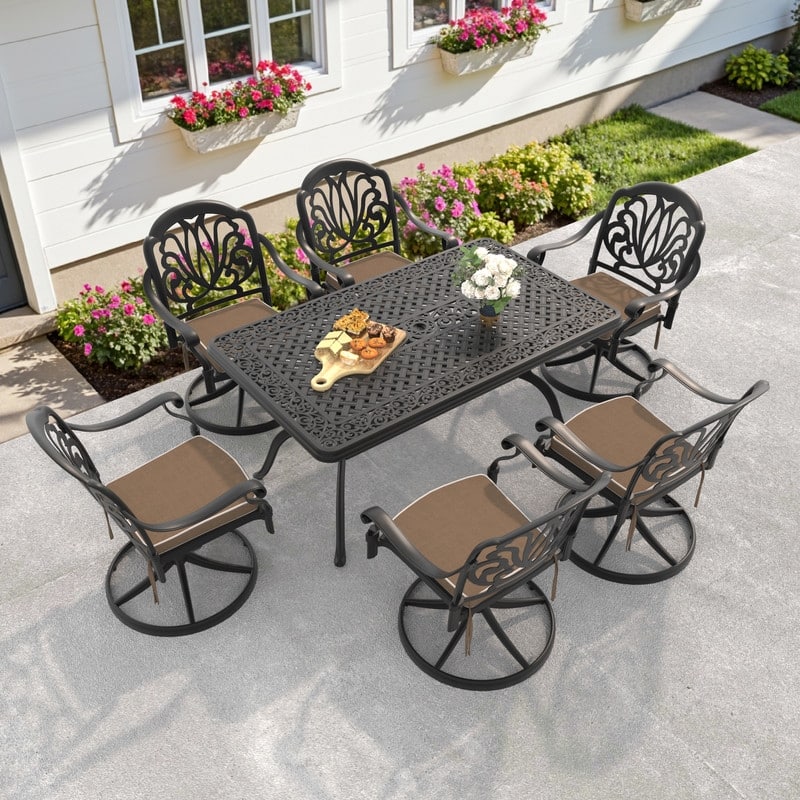 7-Piece Aluminum Rectangular Outdoor Patio Dining Set, 6 Cushioned Swivel Chairs, Table, All-Weather Frames