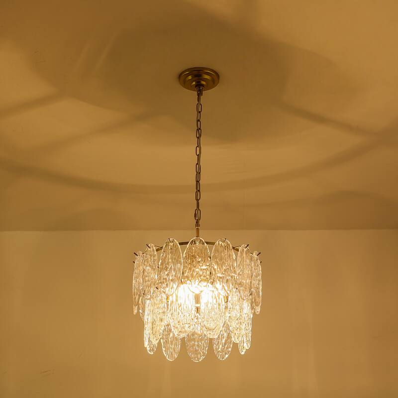 15.7" 2-Light Modern Luxury Gold Handmade Clear Textured Leaf-Shaped Glass Tiered Chandelier for Living Room, Dining Room