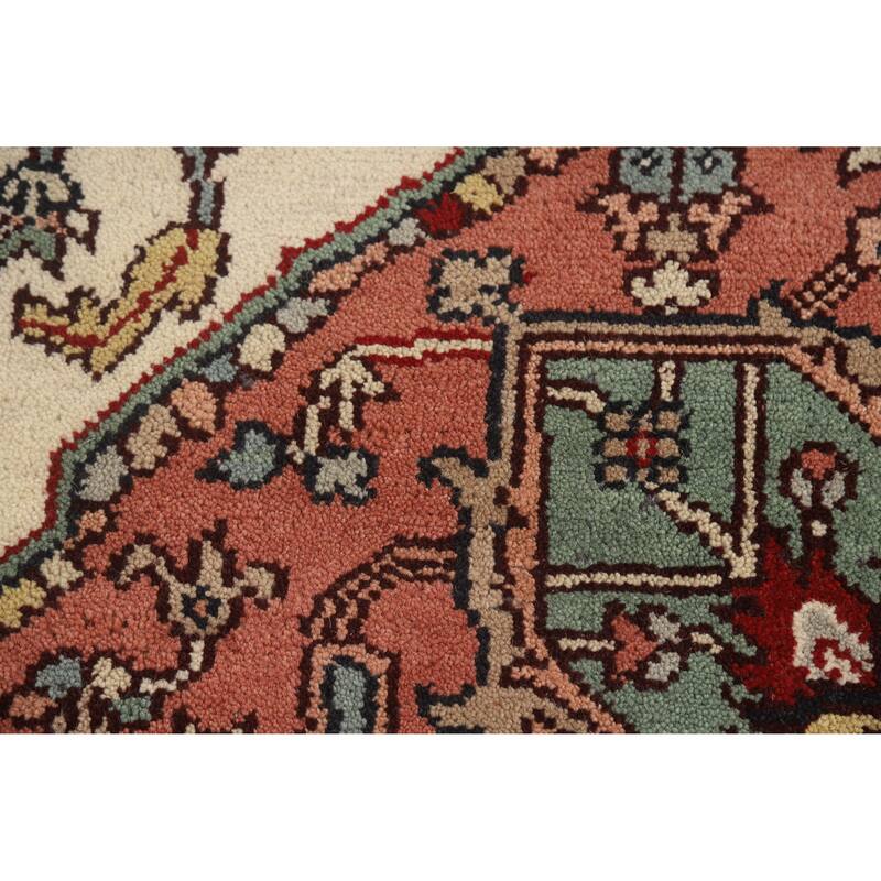 Hand Knotted Oriental 100% Wool Carpet Traditional Medallion Beige & Ivories Heriz (serapi) Area Rug - 12' 2'' X 8' 9''