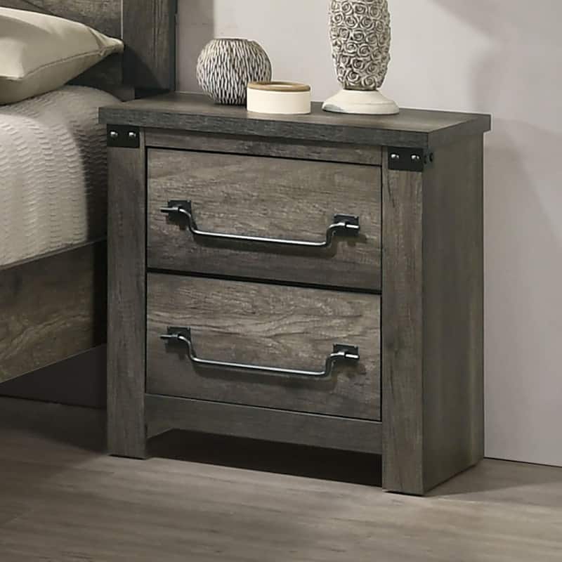 Farmhouse Rustic Gray Bedside Table Bedroom 1pc Nightstand English Front Antique Brass Color Drop Handles