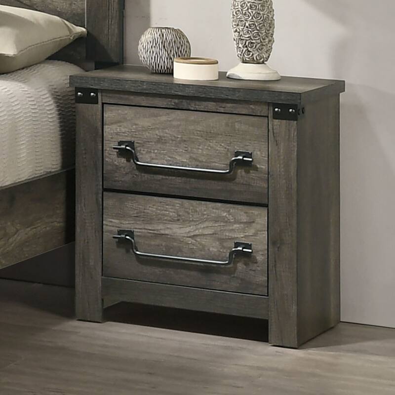Rustic Gray 1pc Bedside Table Melamine Paper Wooden Nightstand Antique Brass Color Drop Handles - Gray