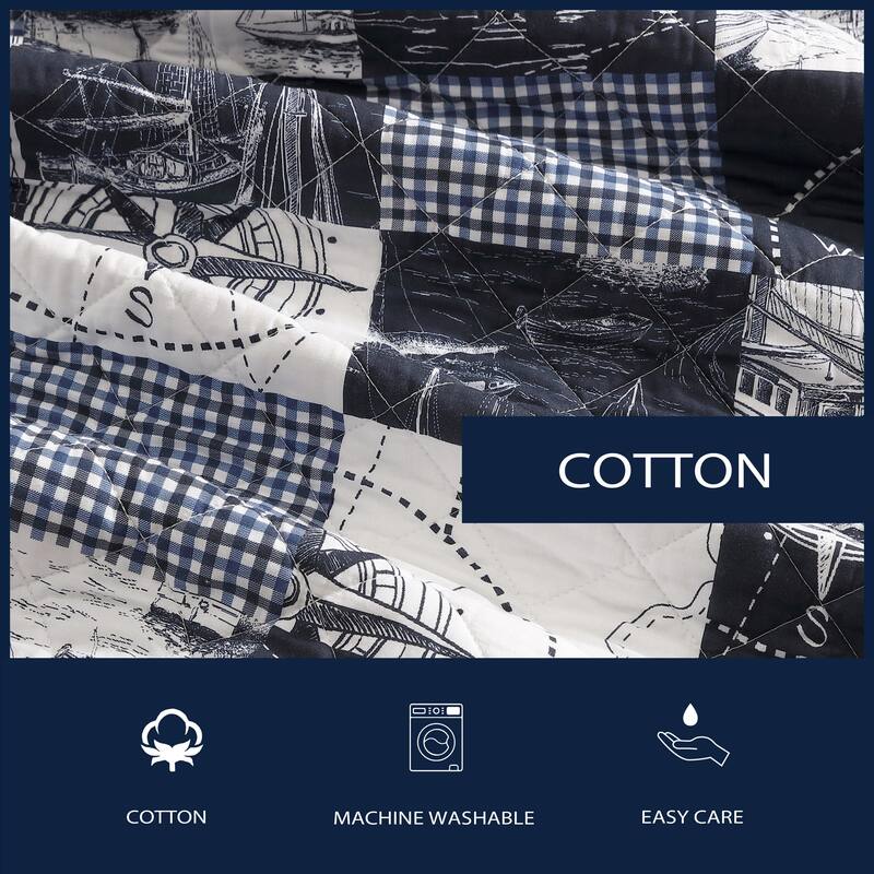 Nautica Sailors Patchwork Blue Cotton Reversible Quilt Set