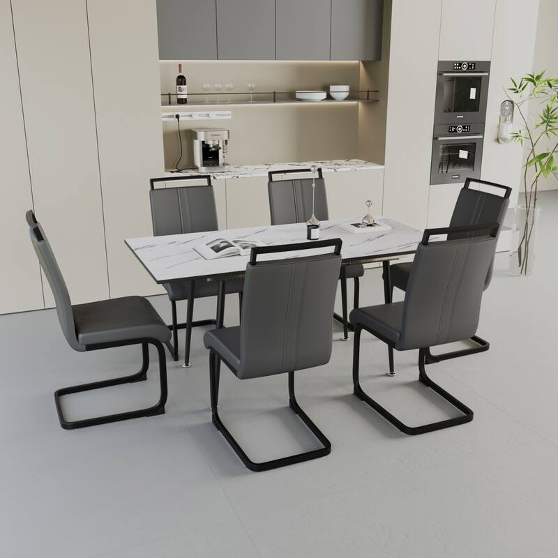 7-Piece Expandable Dining Table Set with C-shaped Tubular Cushioned Armless Chair, Scratch Resistant Plastic Feet - Grey+White