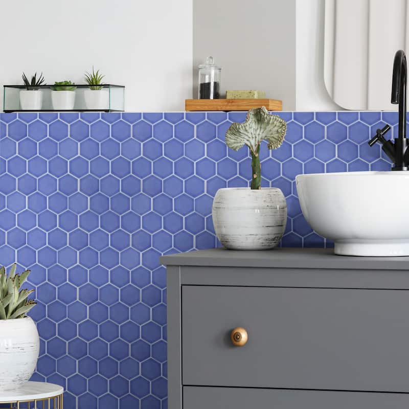 Merola Tile Tribeca 2" Hex Glossy Periwinkle 11-1/8" x 12-5/8" Porcelain Mosaic Floor and Wall Tile