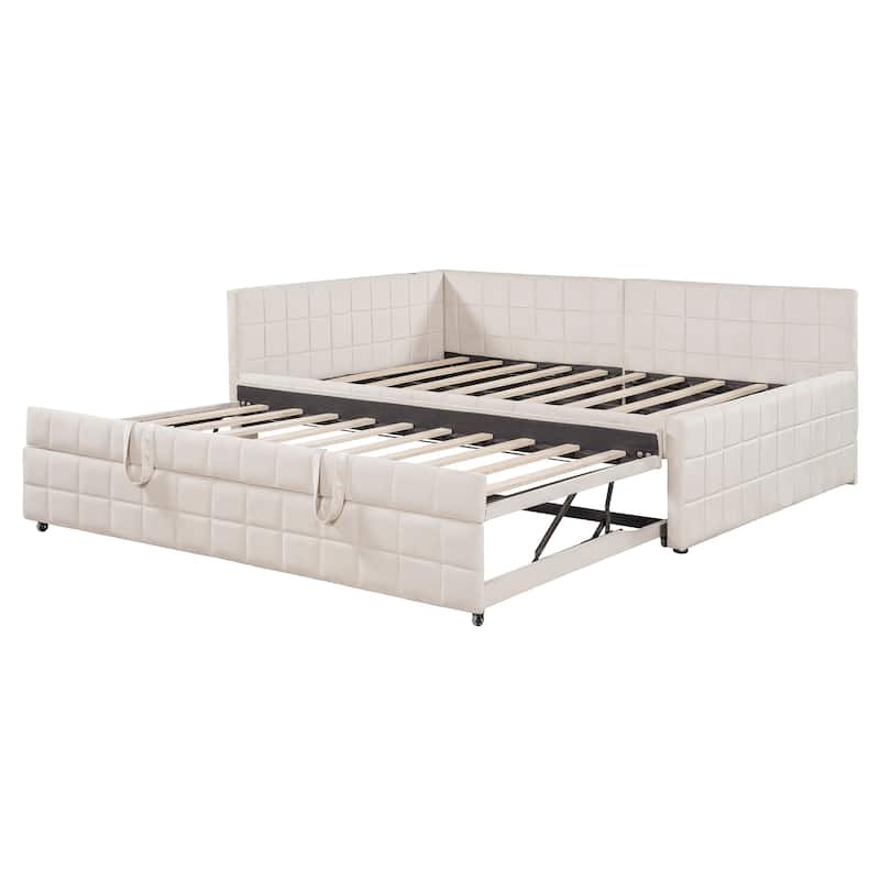 Full Size Daybed with Pull-Out Lift-Up Trundle, Upholstered Daybed Platform Bed with Stripes L-Shaped Backrest and Wood Slats