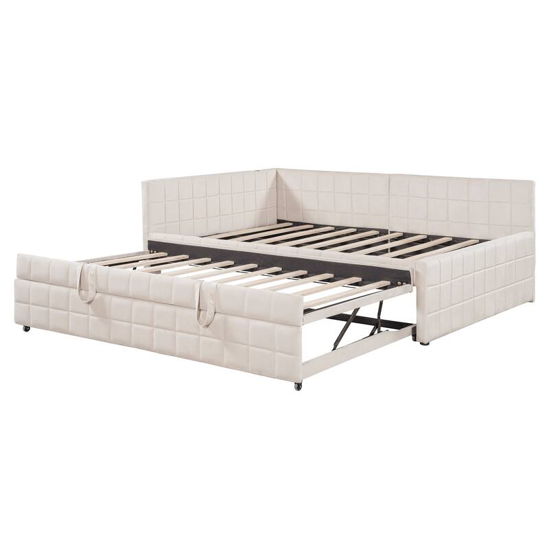 Roomfitters Full L-Shaped Upholstered Daybed with Twin Pop-Up Trundle and Built-In USB Ports