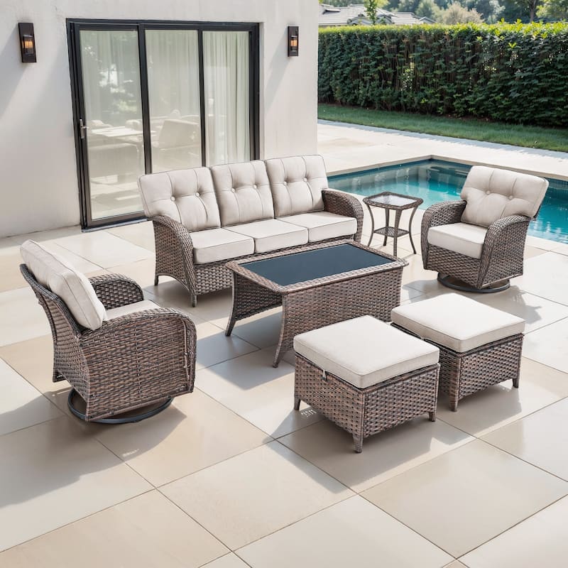 TWrap 7-Piece Patio Brown Wicker Sofa Conversation Set with 5-Inch Thick Cushions