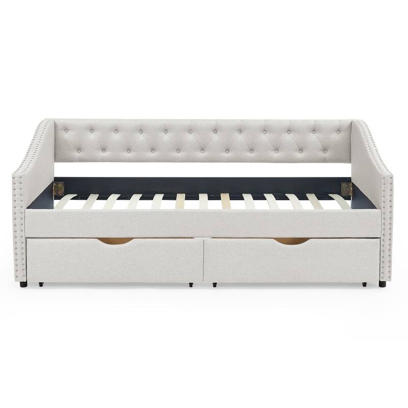 Linen Upholstered Daybed with 2 Drawers, Button-Tufted Backrest & Copper Nail Decoration