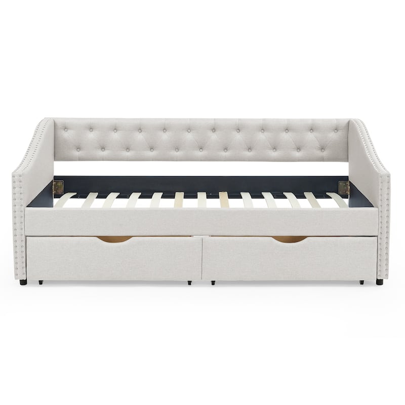Mid-Century Linen Upholstered Daybed Platform Bed Frame with Storage Drawers, Button Tufted Back and Nailhead Trim Arms