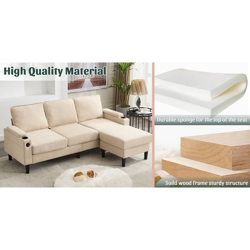 Compact 3-Seat Sofa with Storage Ottoman, L-Shaped Couch with Stool