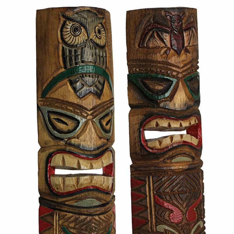 Zeckos 24 Inch Wood Double Tiki Mask Totem Wall Sculptures (Set Of 2)