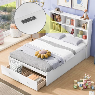 Full Size Wood Platform Bed Frame with Storage Headboard, 2 Drawers