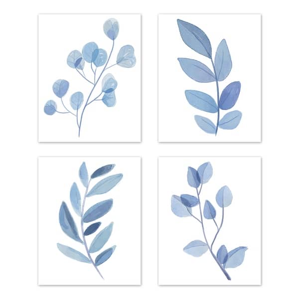 slide 2 of 5, Floral Leaf Wall Decor Art Prints (Set of 4) - Blue Grey White Boho Watercolor Botanical Woodland Tropical Garden Single Flower