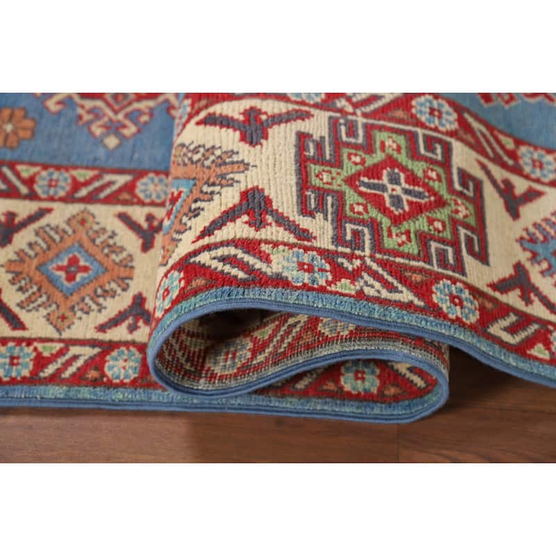 Blue Geometric Kazak Oriental Area Rug Handmade Wool Carpet - 4'10" x 6'7"