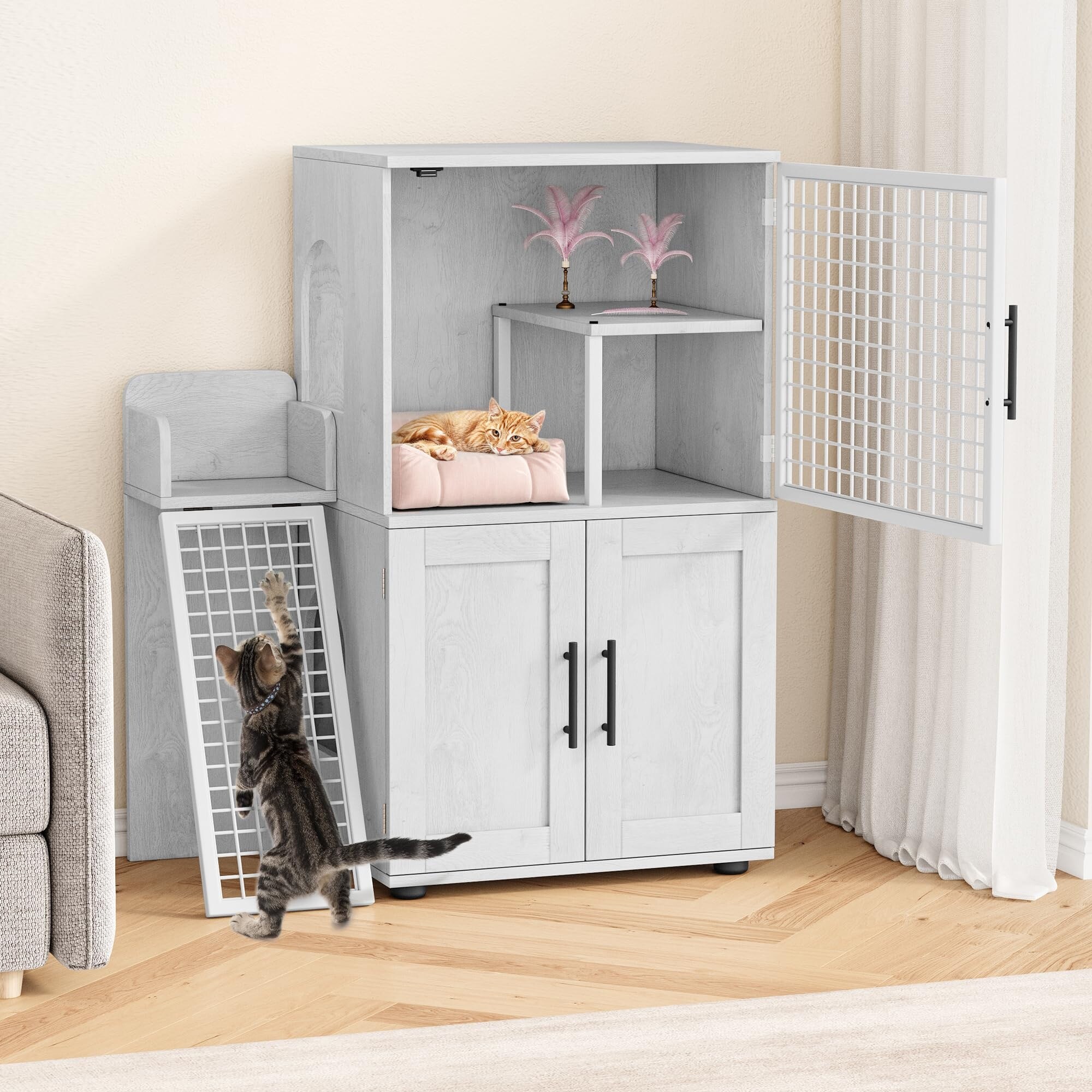 Modern Double Layer Cat Litter Box Enclosure Hidden Cat Litter Box Antique Oak
