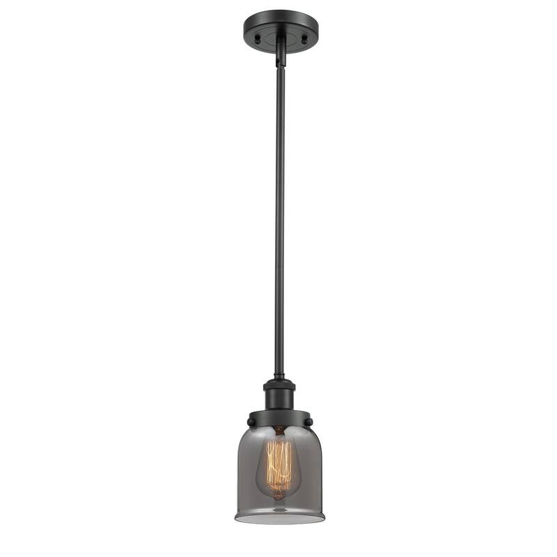 Innovations Lighting Small Bell 5" Wide Mini Pendant - Rod Hung - Matte Black / Plated Smoke
