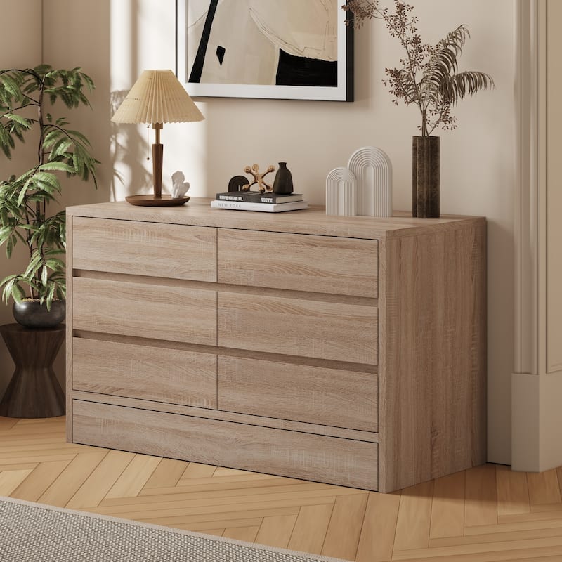 Wood Grain 7-Drawer Dresser with Hidden Compartments and Kick-to-Open Bottom Drawer