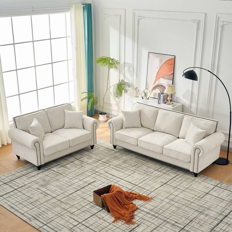 Chenille Upholstered 3 Seater Sofa, Oversized Sofa with Rolled Arms, Deep Seat Couch with Nailhead Trim & Wood Legs