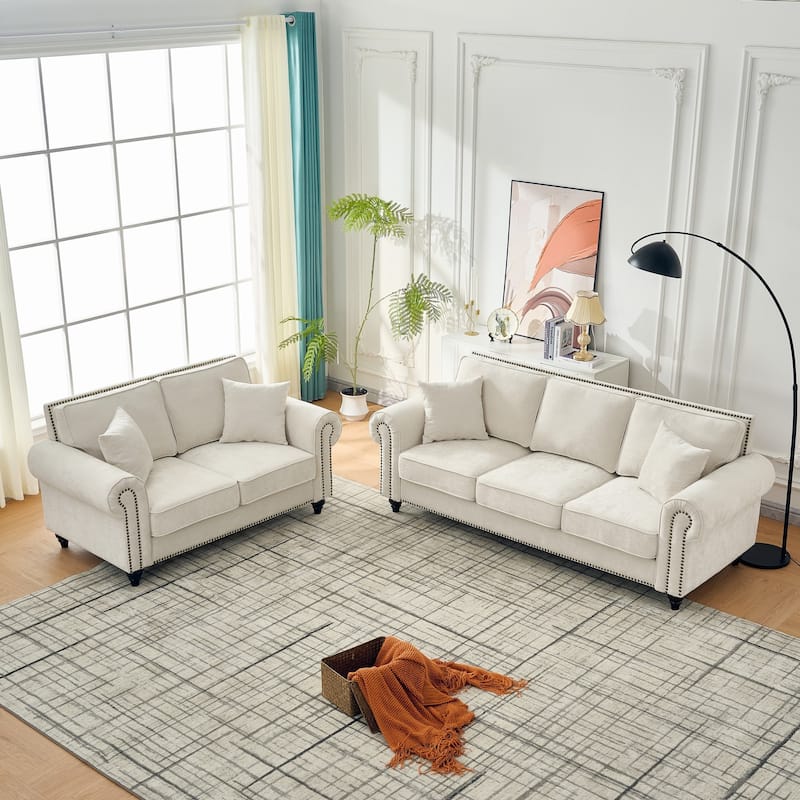 Chenille Upholstered Loveseat Sofa & 3 Seater Couch Set with Nailheads - Beige