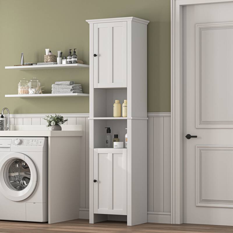 Corner Cabinet Tall Bathroom Storage Cabinet with Open Shelves, Floor Cabinet Toilet Paper Cabinet with 2 Doors - White