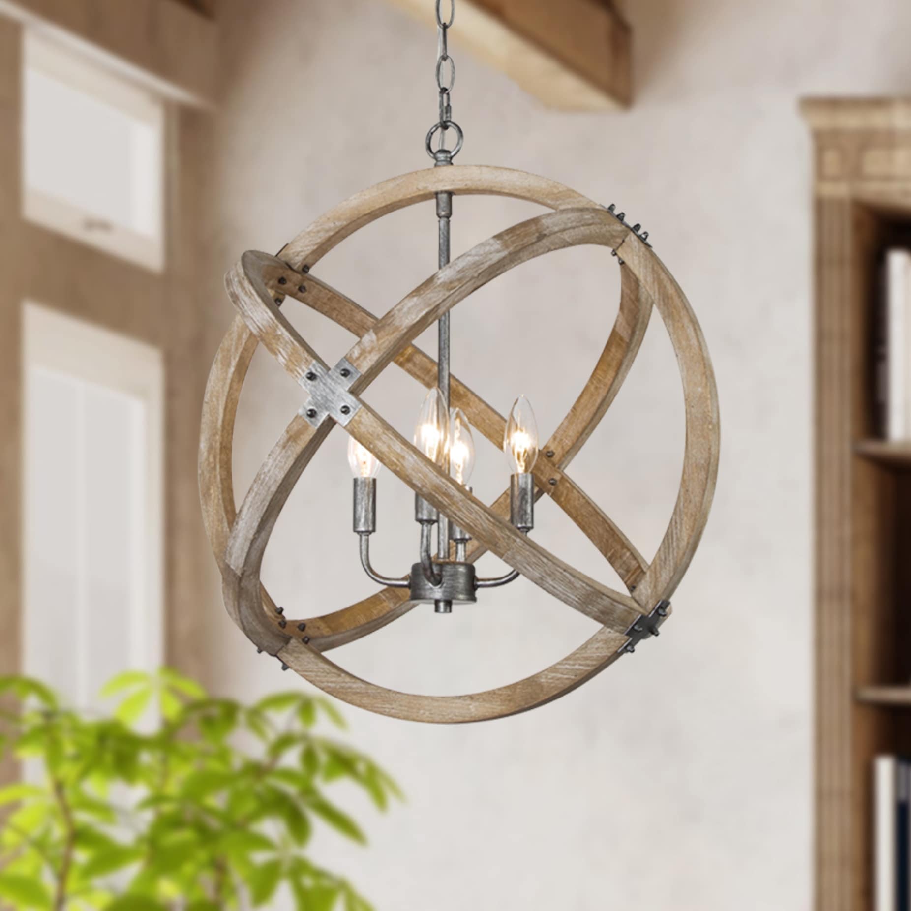 Modern Farmhouse Solid Wood Chandelier 4-Light Globe Kitchen Island Pendant - Real Wood - D20 " x H22.2"