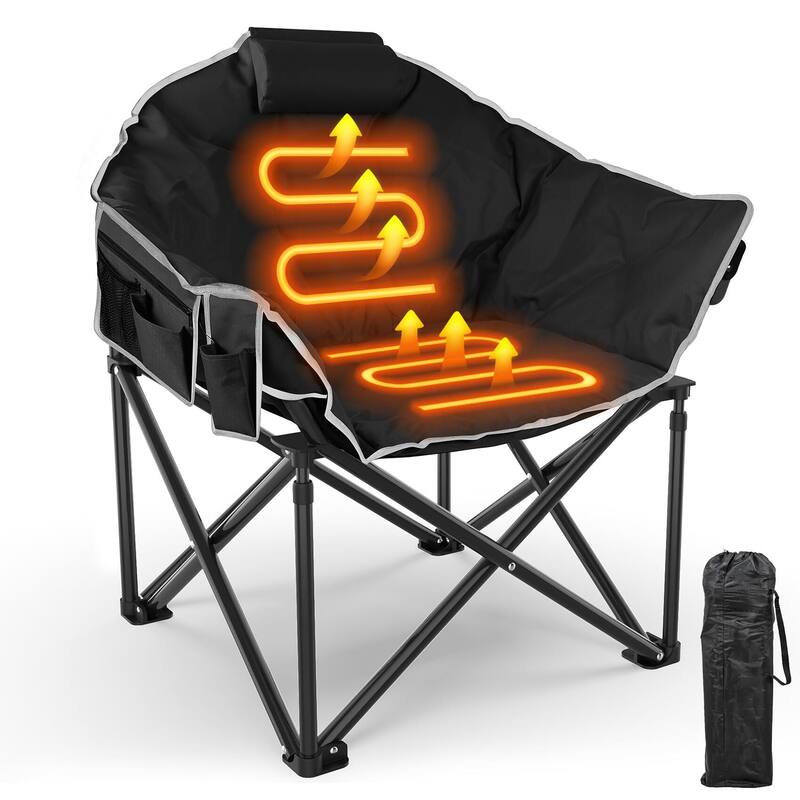Heated Camping Chair Oversized, Padded Heated Chair Outdoor Sports, 3 Heating Levels Adjustable Camping Chairs for Adults - Black
