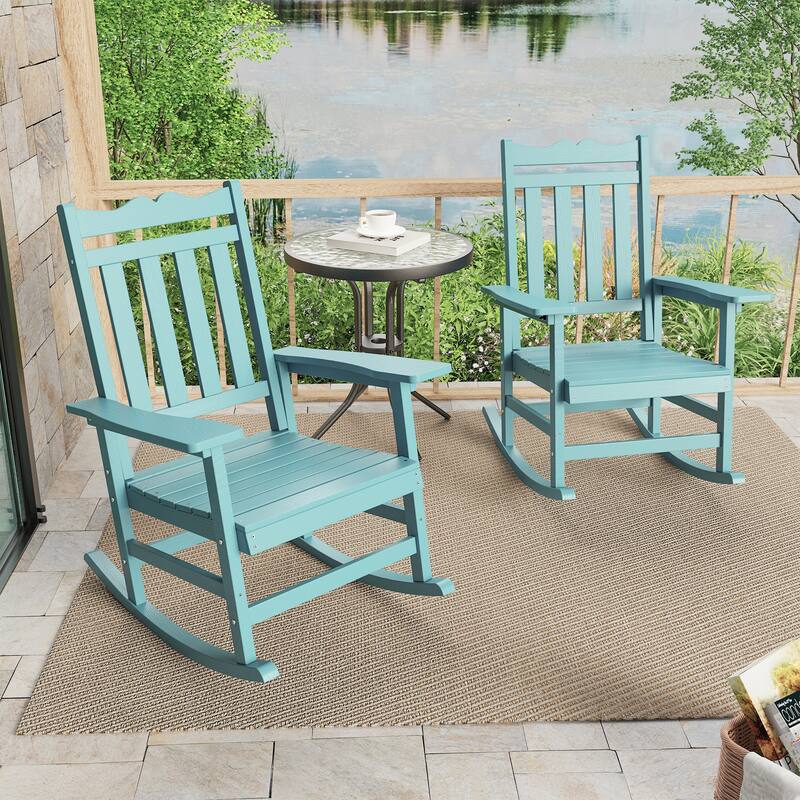 LIVOOSUN Patio Adirondack Chair Outdoor Plastic Rocking Chair Set of 2 - Lake Blue