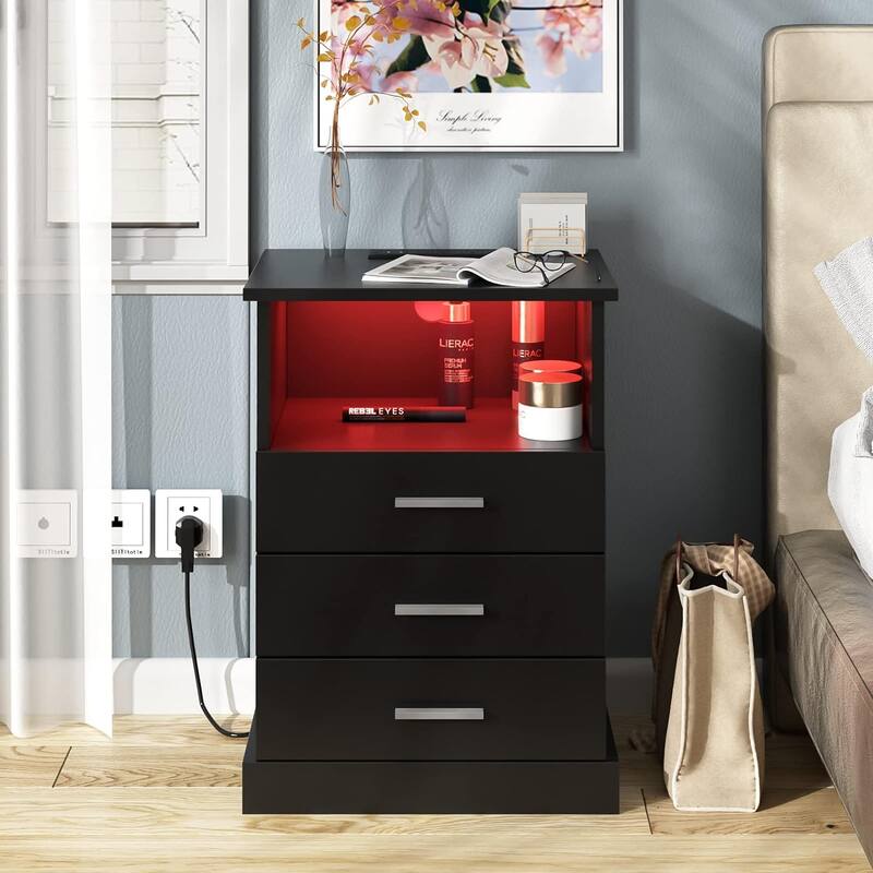LED Nightstand with Charging Station Table with 3 Drawers 14.37"D x 16.54"W x 23.62"H