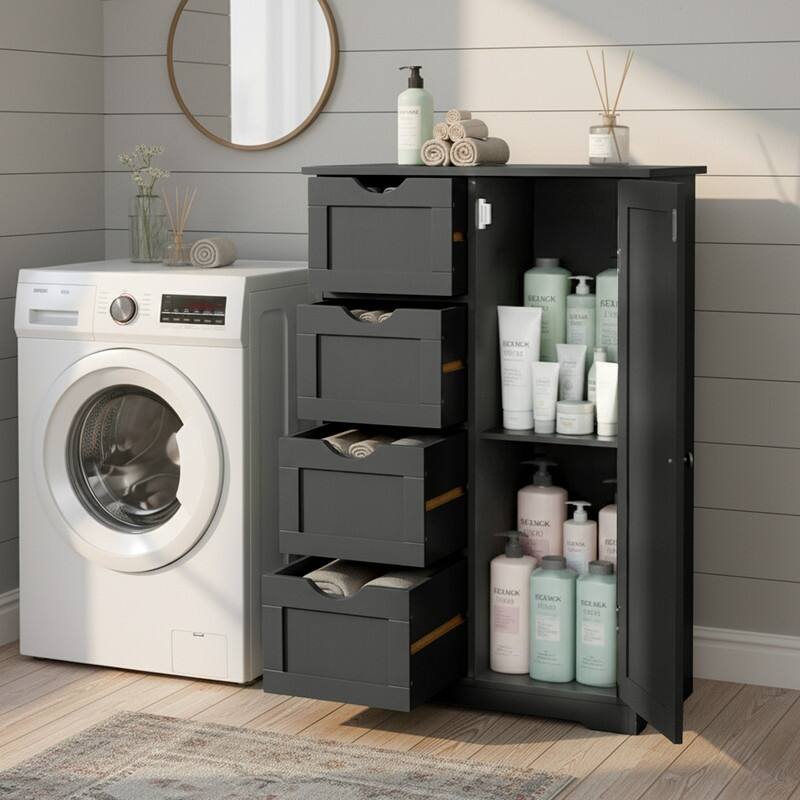 Black Bathroom Storage Cabinet with 4 Drawers and 1 Door