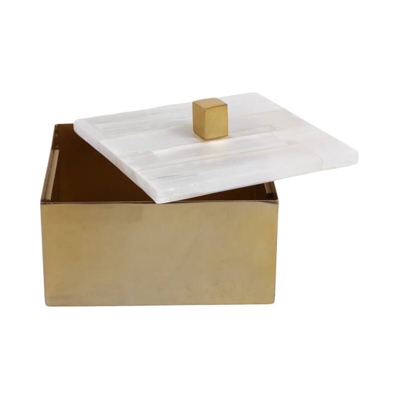 Decorative Box with Stone Lid - 6", White & Gold - 6.25"