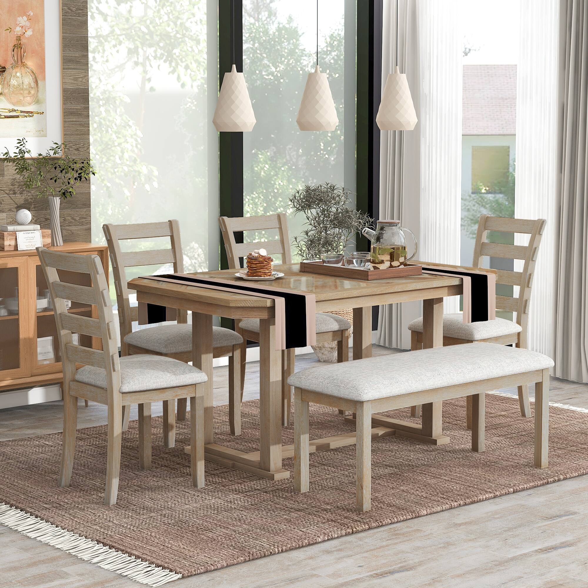 6Piece Rubber Wood Dining Table Set with Beautiful Wood Grain Pattern