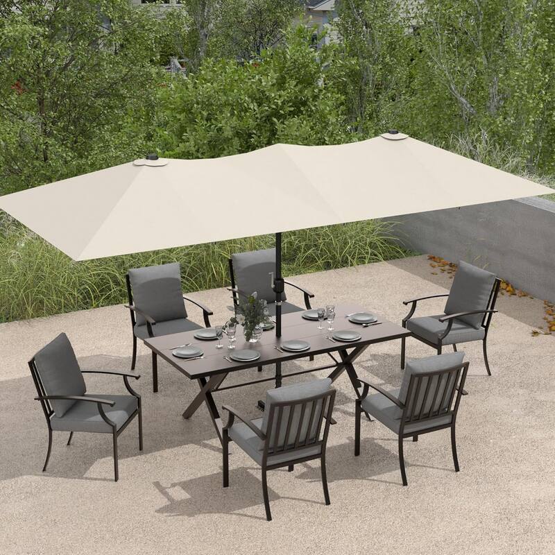 Kullavik 8 Pieces Outdoor Dining Set with 6 Single Chairs, X-Leg Table and Double-Sided Umbrella - Grey