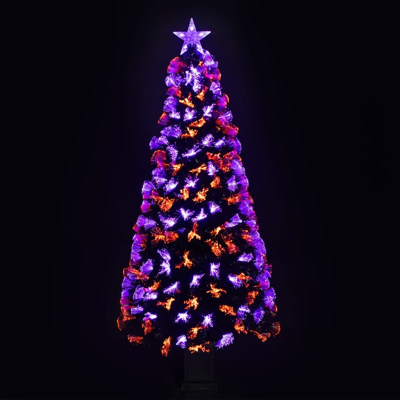 8-function Fiber Optic Artificial Pine Potted Halloween Tree - 6' - Black - Orange and Purple LED - 6-to-7-feet