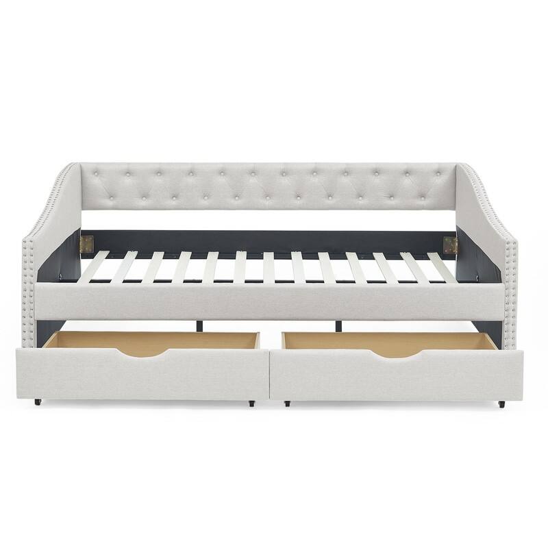 Full Upholstered Daybed with Storage Drawers,Button Tufted and Nailhead Trim,Solid Wood Frame