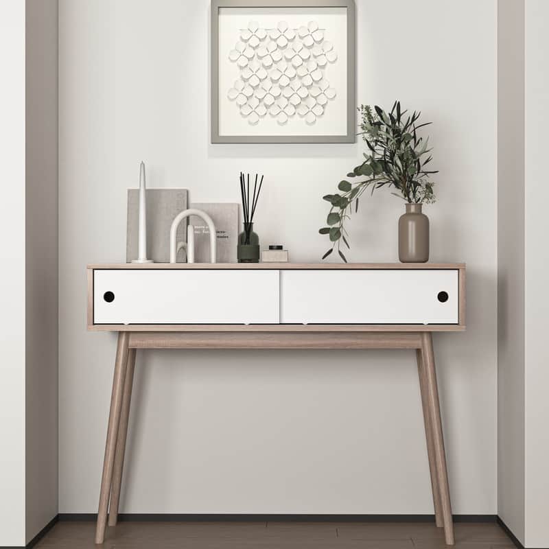 Natural Wood Entryway Console Table with 2 Sliding Doors, Storage Sofa Table for Hallway & Living Room