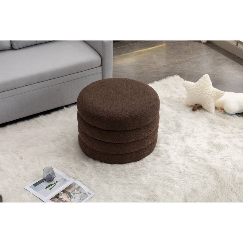 Boucle Fabric Round Storage Ottoman Footstool with Wooden Shelving