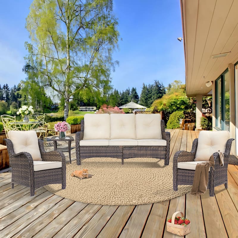 Outdoor Patio Furniture Set Brown Wicker Patio Conversation Seating Sets - 5 Seats - Beige