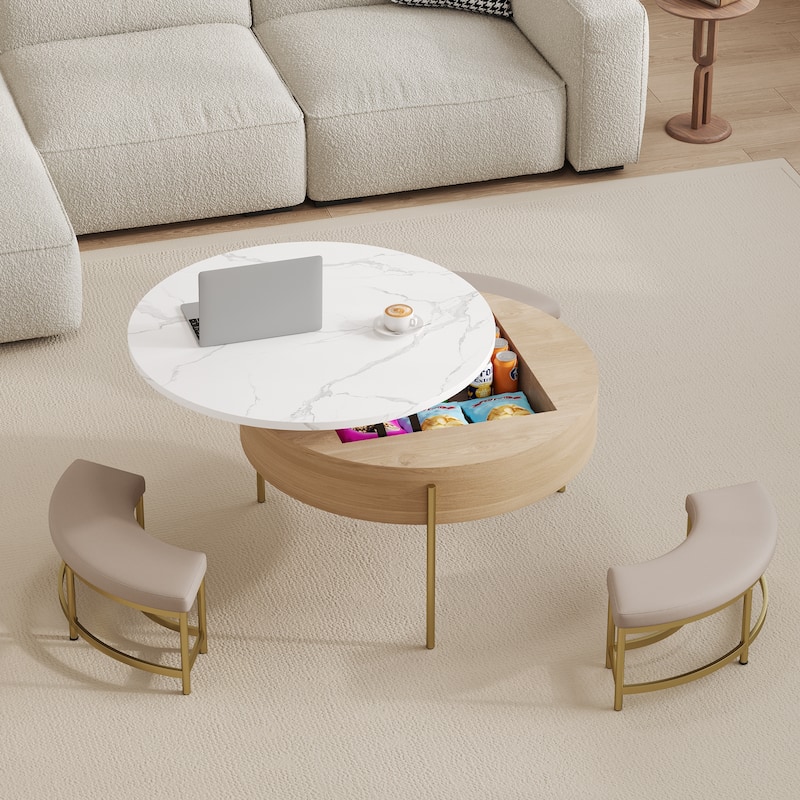 Modern Round Lift-Top Coffee Table with Storage & 3 Ottoman