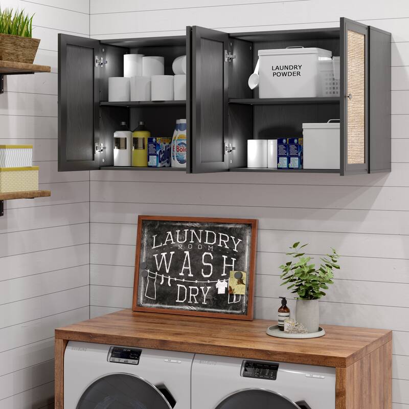 Rattan Wall Cabinets with Adjustable Shelf & LED Light