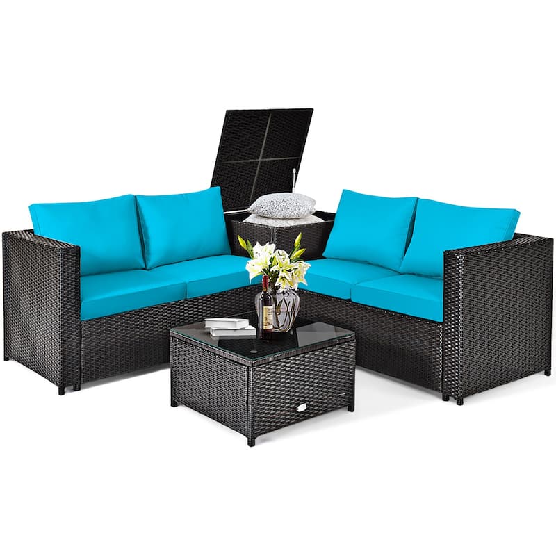 4 PCS Sectional Sofa Set Conversation Set w/ Coffee Table Storage Box - Turquoise