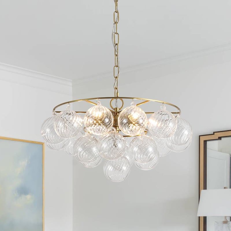 Mid-Century 6-Light Cluster Ribbed Glass Globe Bubble Chandelier
