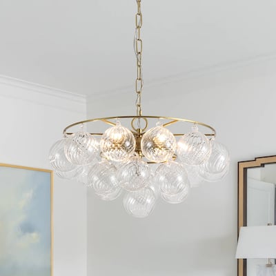 Mid-Century 6-Light Cluster Ribbed Glass Globe Bubble Chandelier