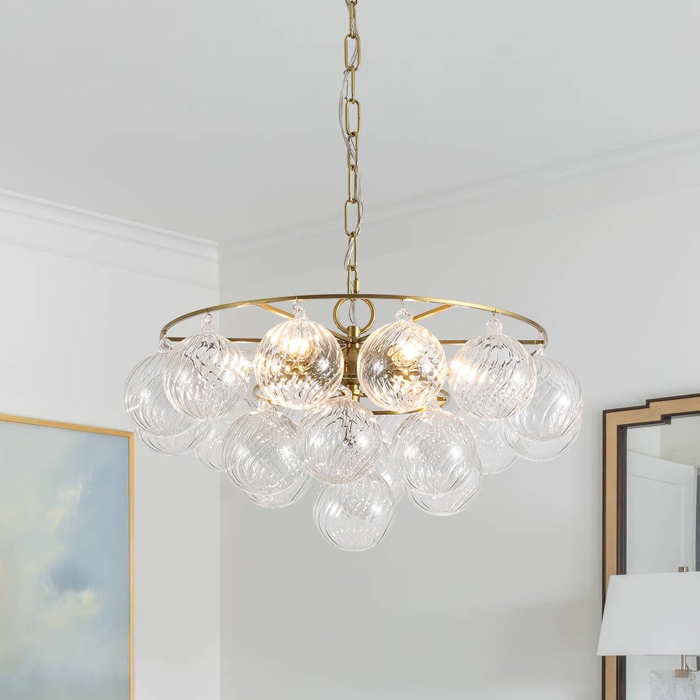 Mid-Century 6-Light Cluster Ribbed Glass Globe Bubble Chandelier
