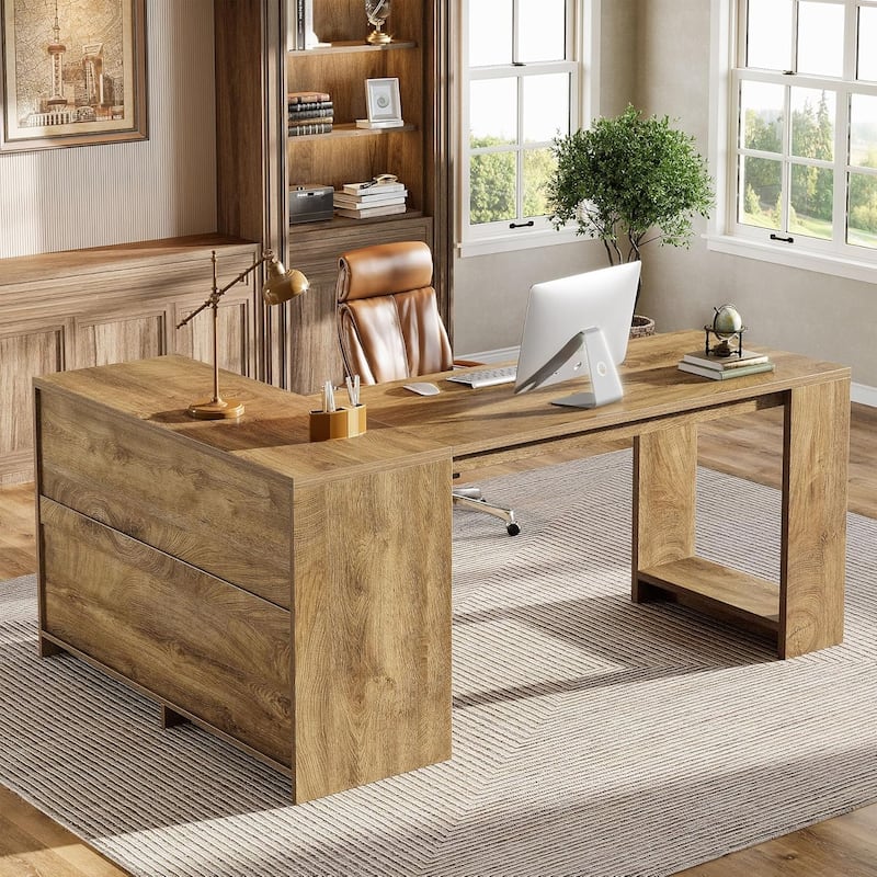 63" L-Shaped Executive Desk, Large Office Desk with File Cabinets and Shelves, Farmhouse Wooden Business Furniture - Brown